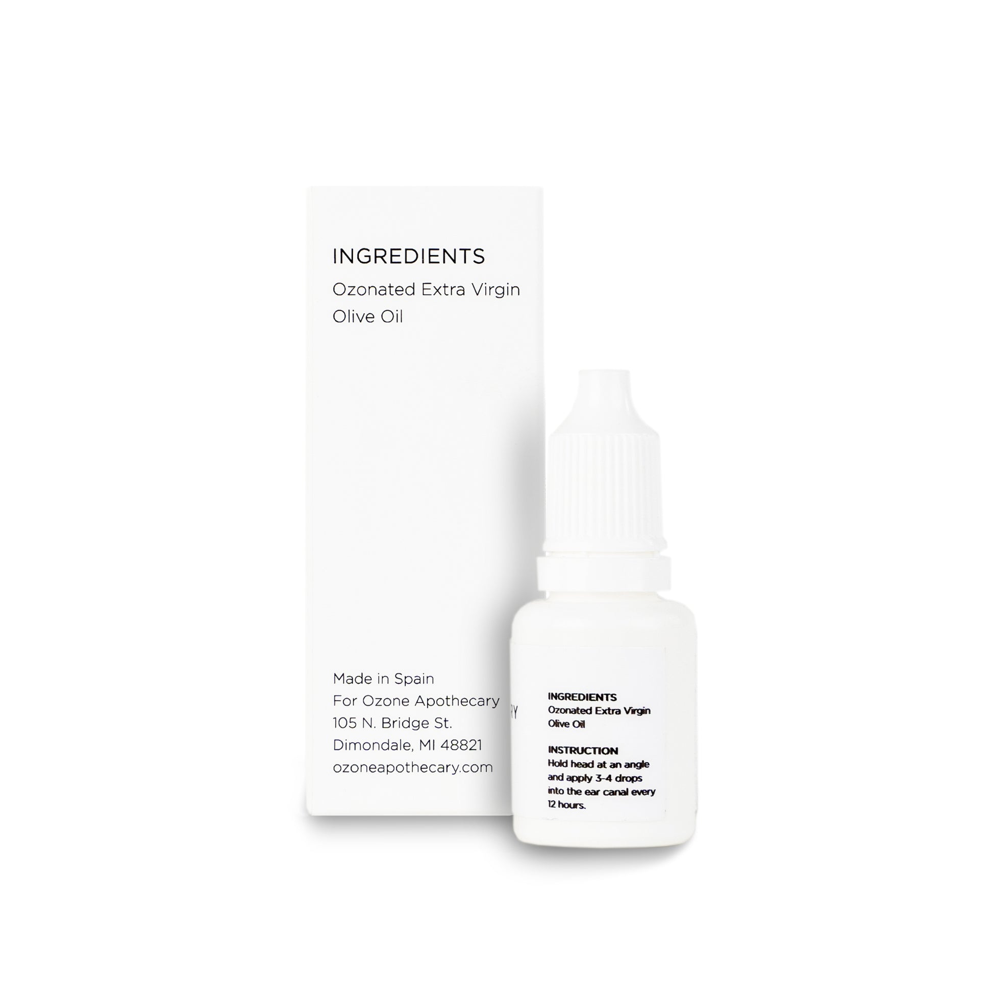 Ozone ear drops box and bottle  with full ingredient list