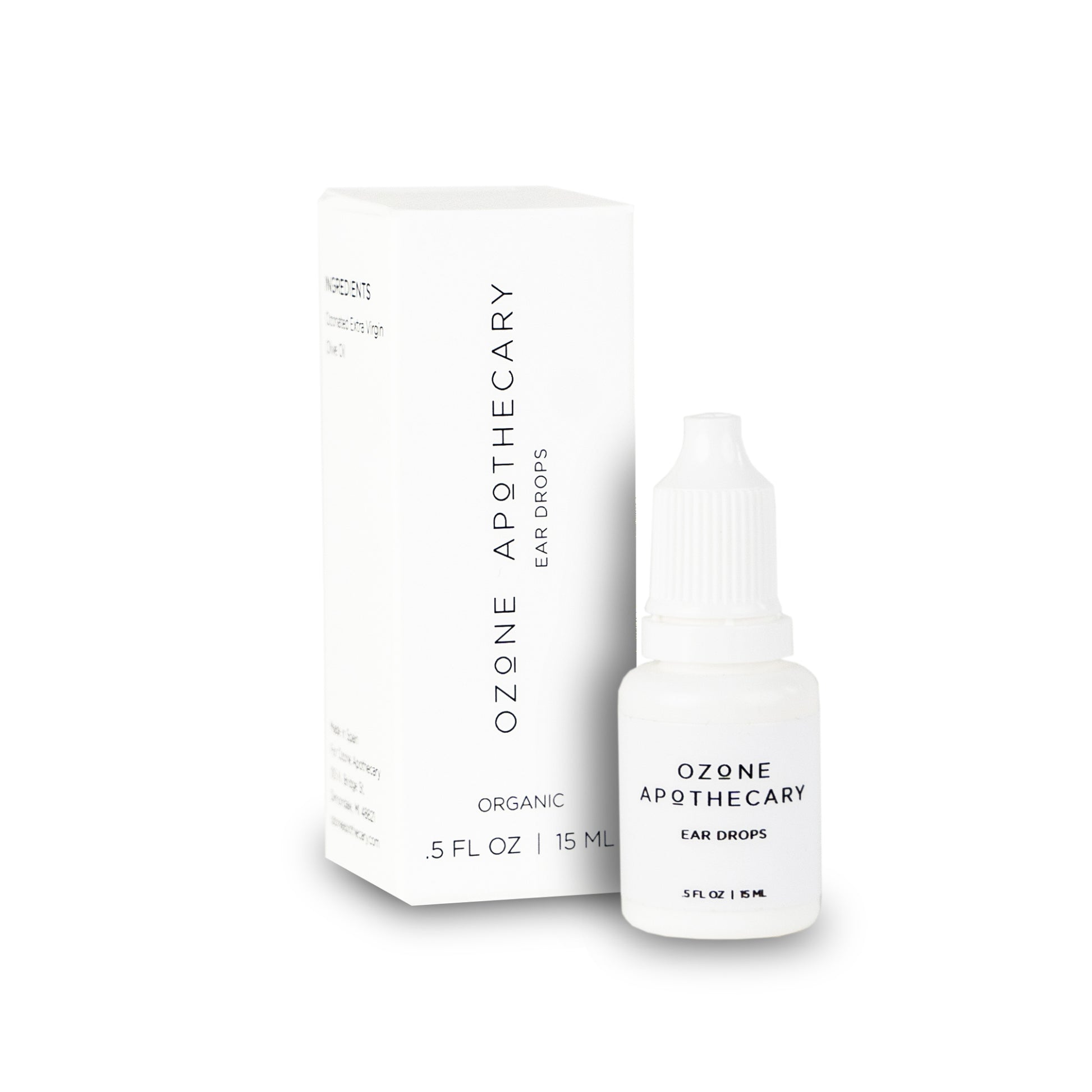 Ozone ear drop bottle and box on white background