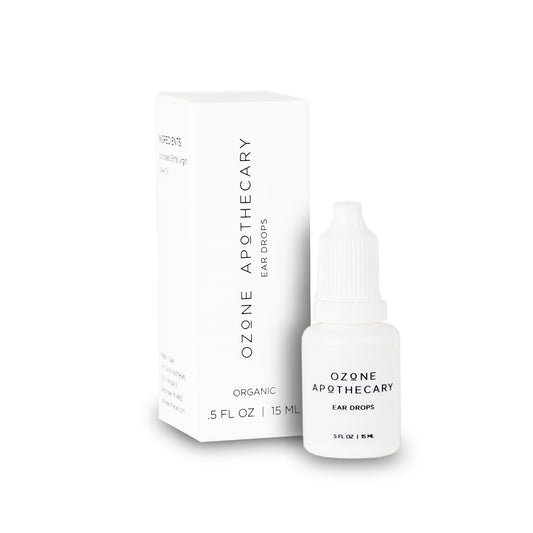 Ozone ear drop bottle and box on white background