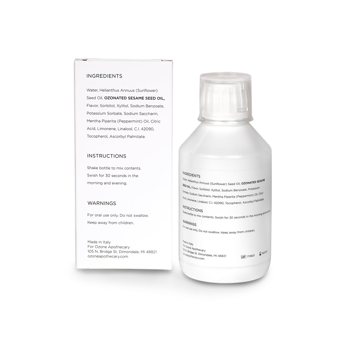 Ozone mouthwash box and bottle with full ingredient label