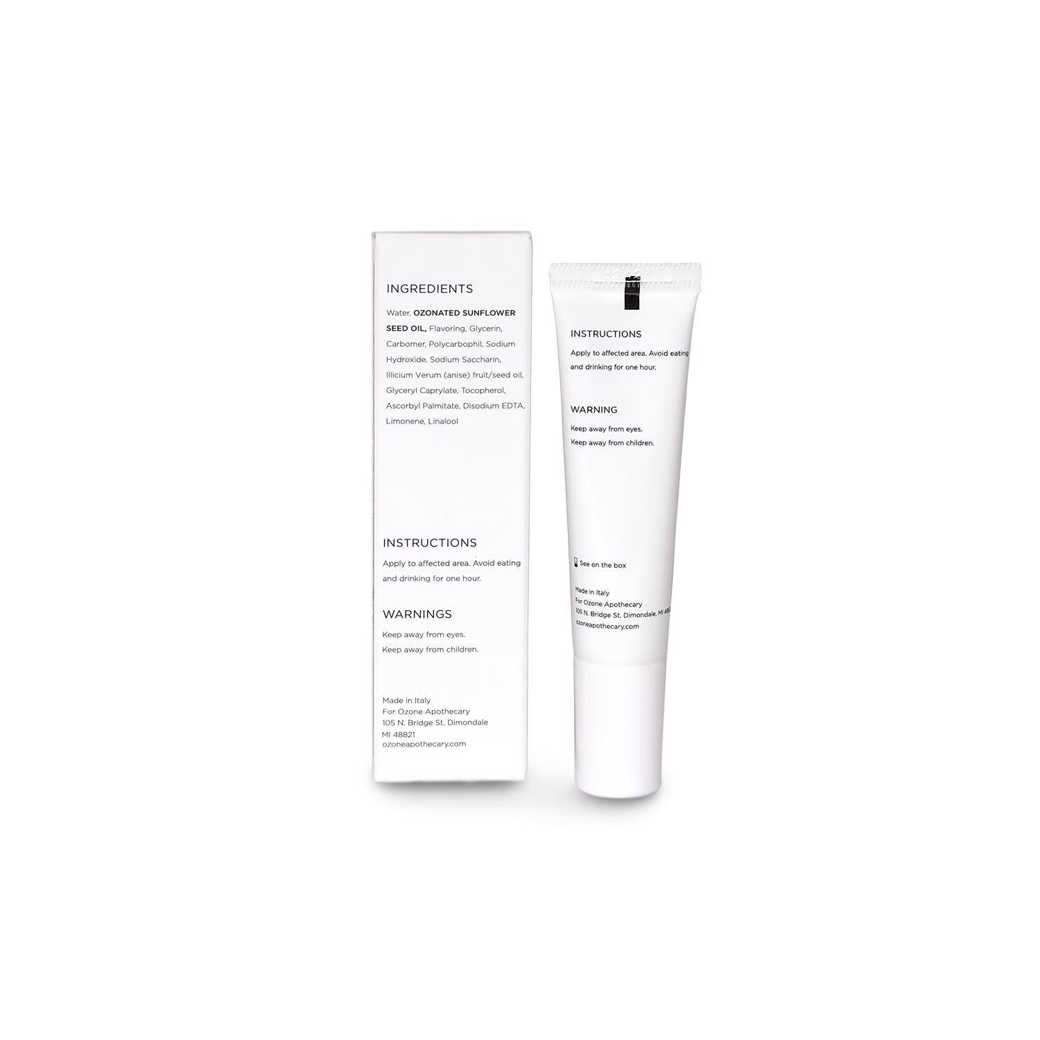 Ozone oral gel box and tube full ingredient label