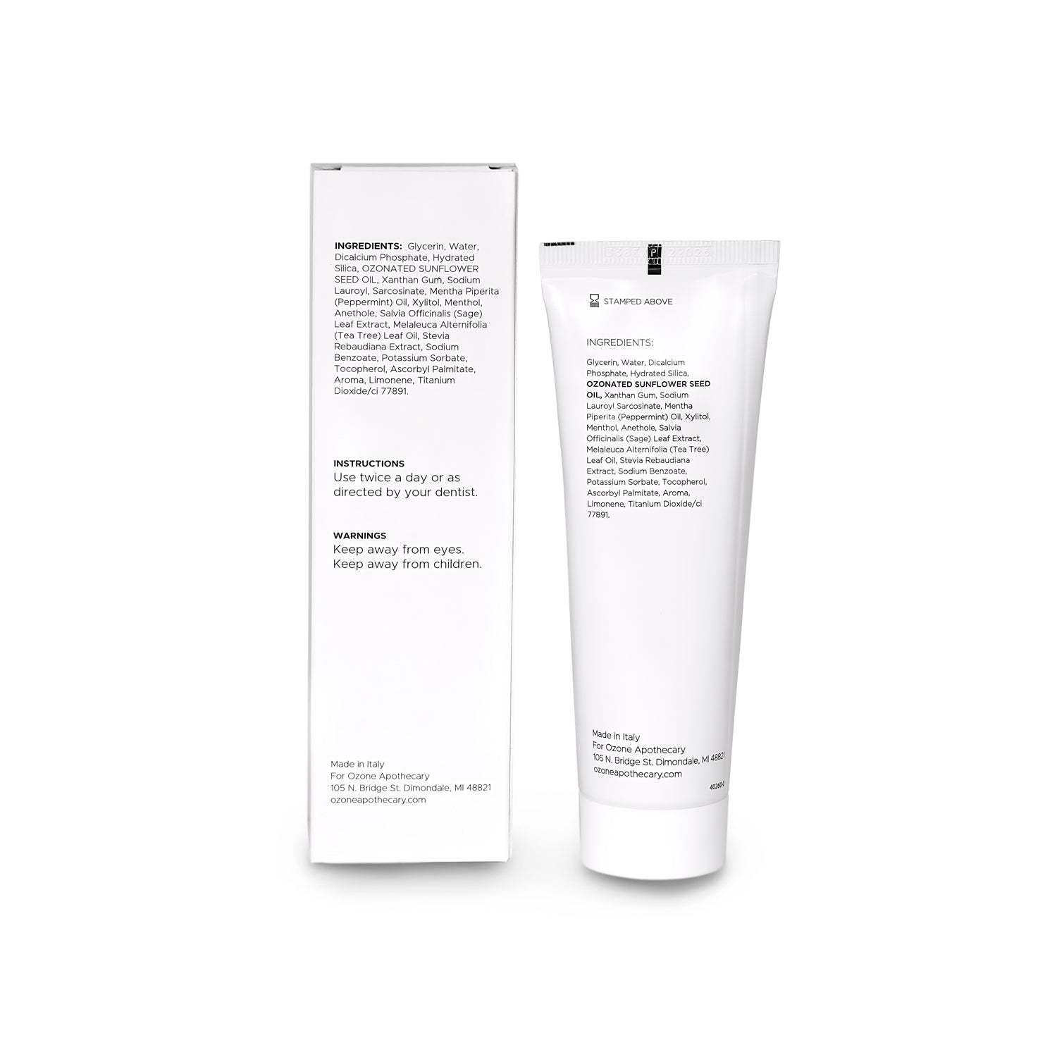 Ozone toothpaste box and bottle full ingredient list