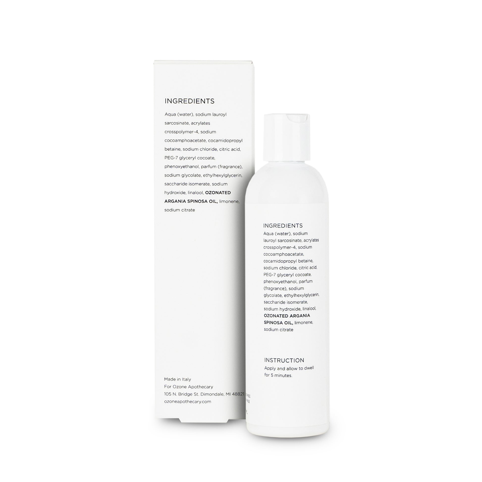 Ozone shampoo bottle and box with full ingredients list