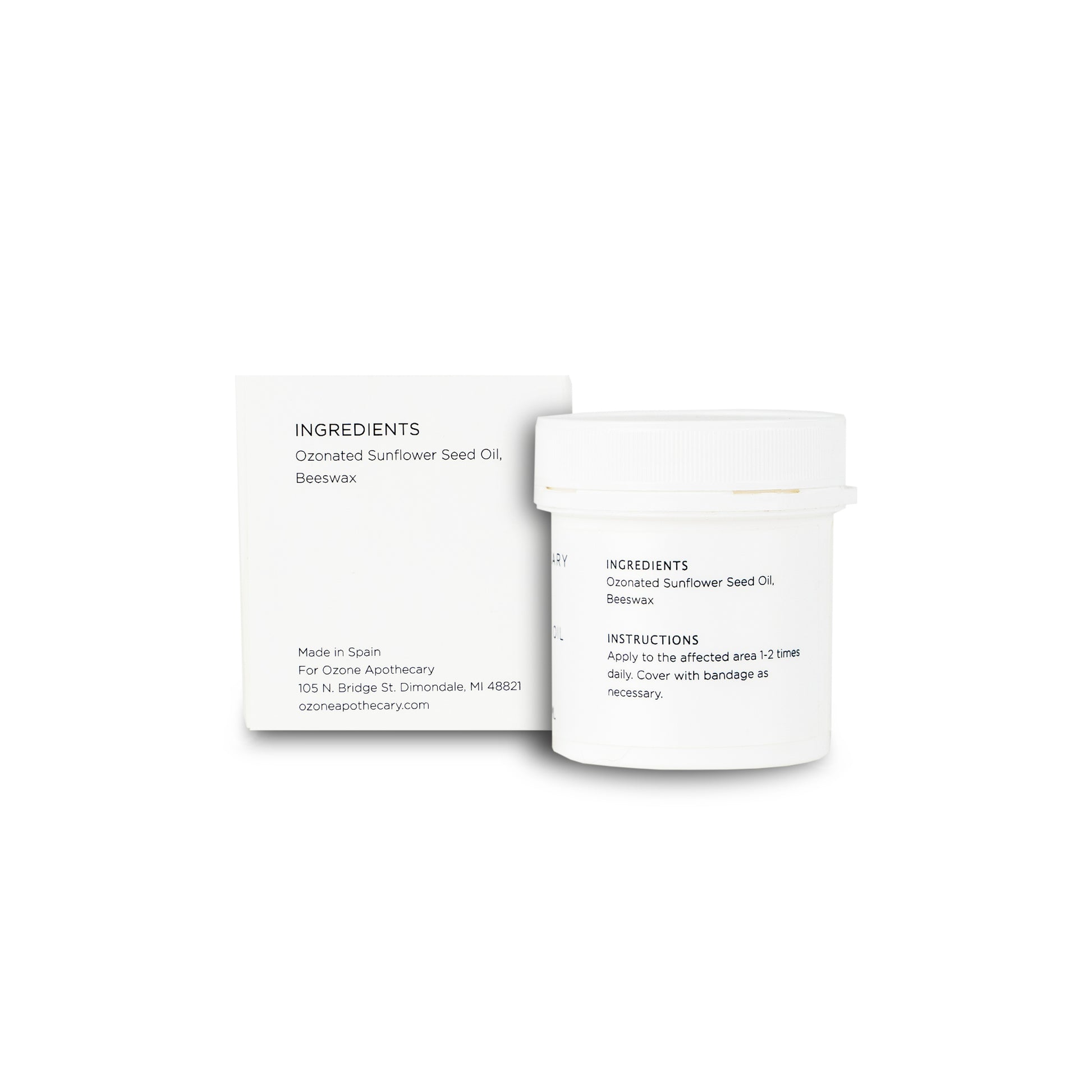 Ozonated sunflower seed oil box and jar back label with ingredients