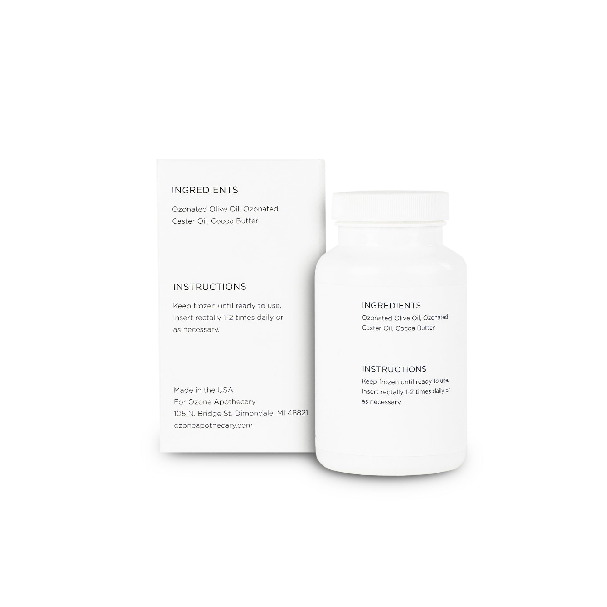 Ozonated suppositories box and bottle back ingredients