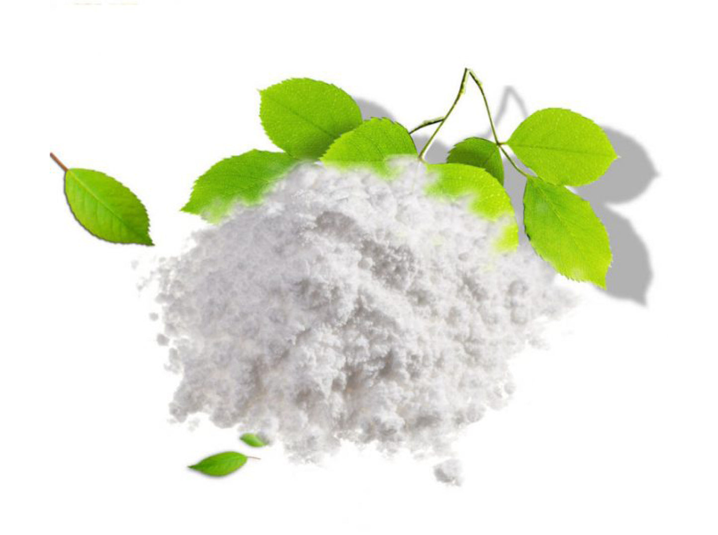 white ascorbyl palmitate powder pile near green leaves